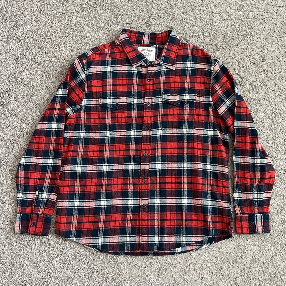 American Eagle Shirt Mens Size XL Red Black Plaid Button Up